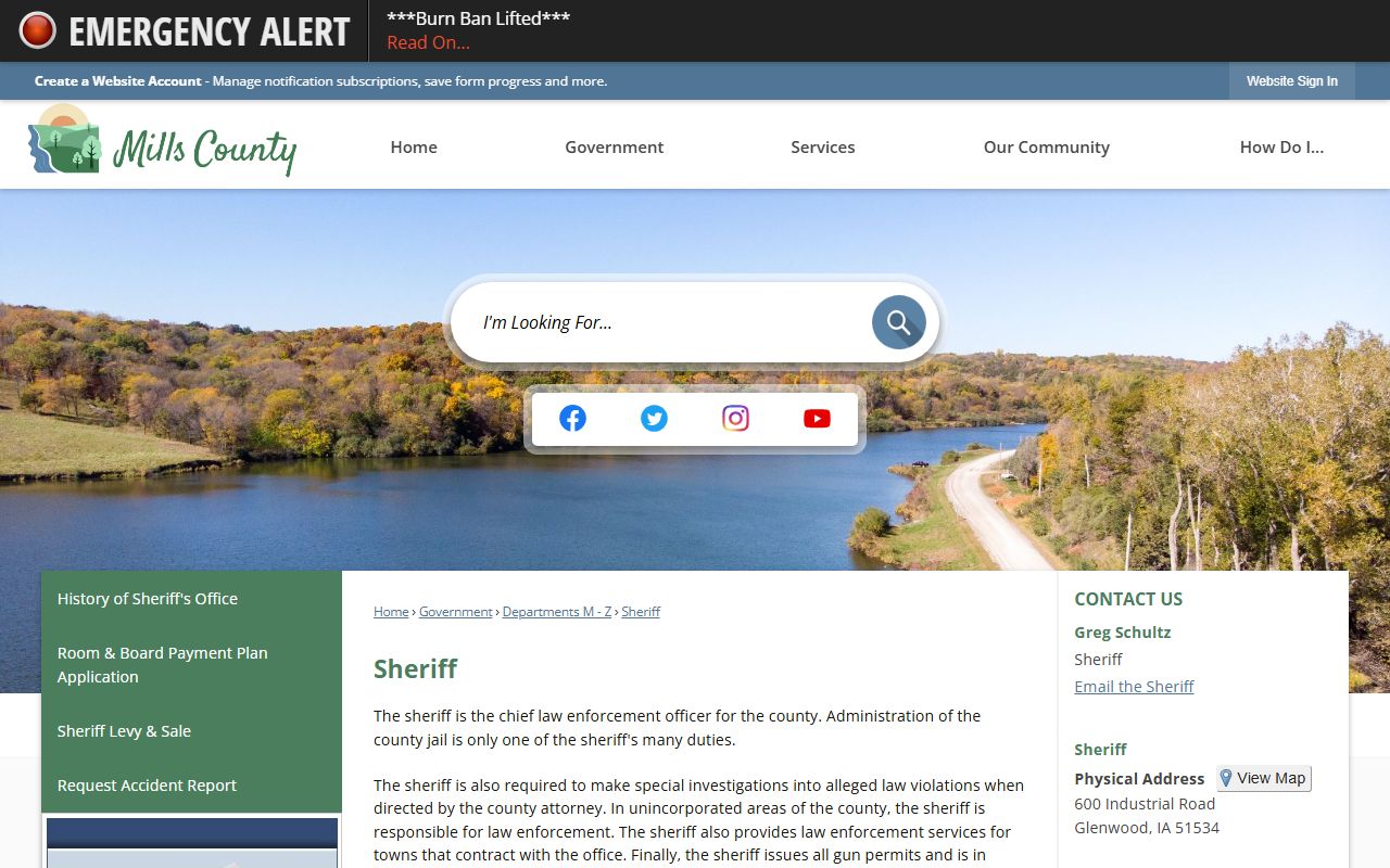 Mills County sheriff page for inmate population and jail contact details